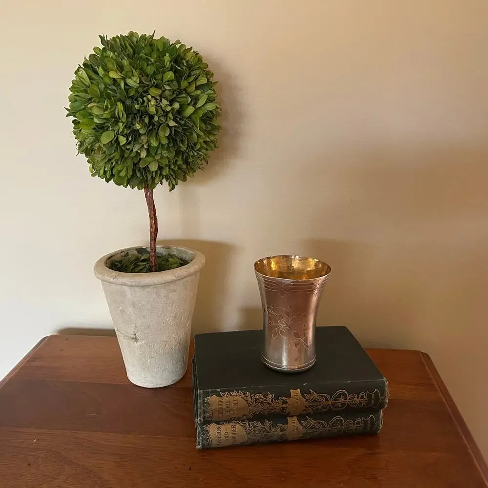 Vintage Two-Tone Etched Metal Tumbler Floral Leaf Engraved Flared Rim